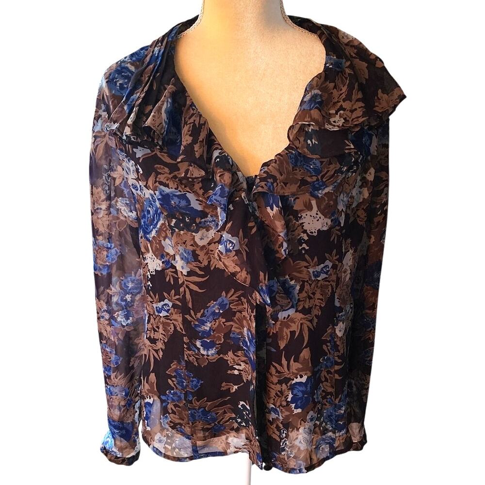Coldwater Creek Button Up Sheer Ruffled V-Neck Multicolored Size Large